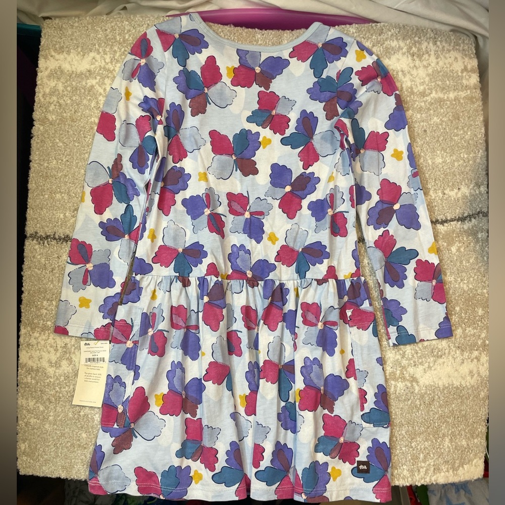 NWT Tea Collection Iznik Tile Floral Long Sleeve Pocket Dress Blue Girls Size 6